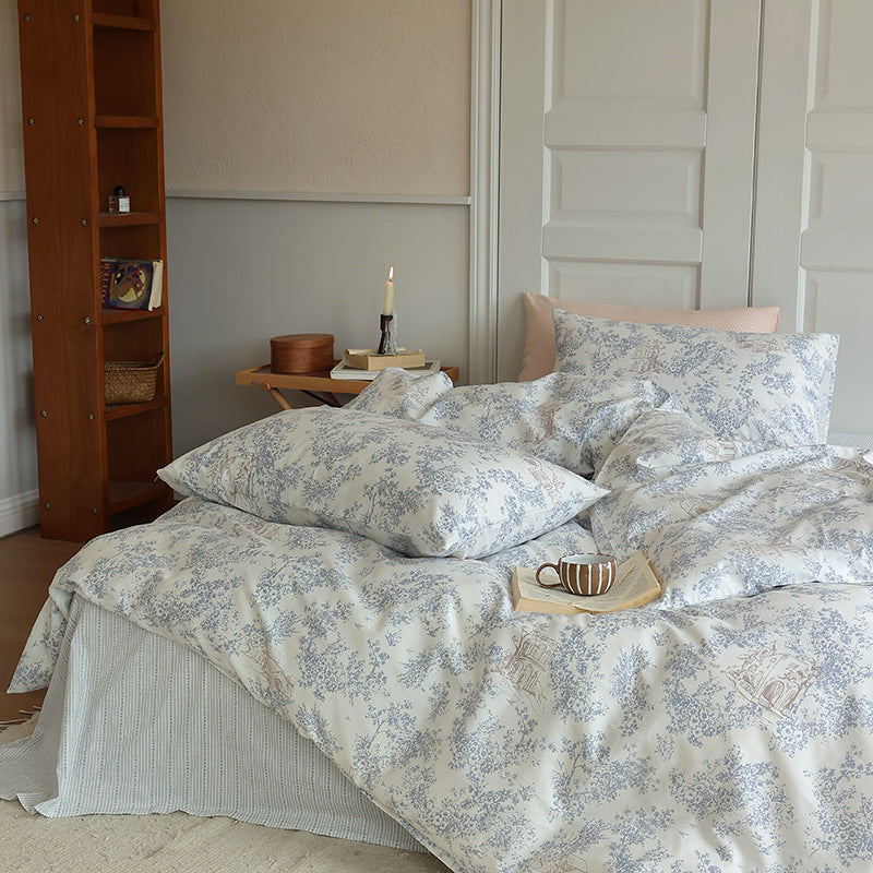 Ivory Blue Floral Toile Cotton Bedding Set with coordinating pillow styling - Roomden