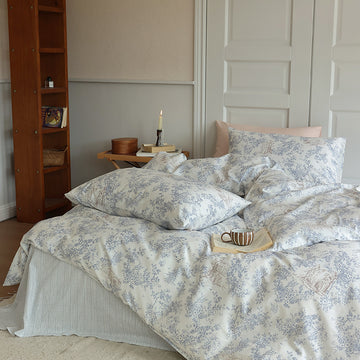 Ivory Blue Floral Toile Cotton Bedding Set