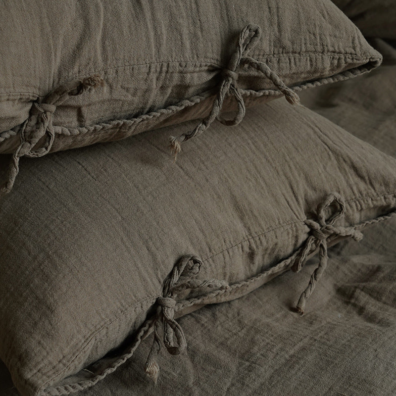 Tie-Detail Double Gauze Cotton Bedding Set – Chestnut Brown, fabric and edge detail - Roomden