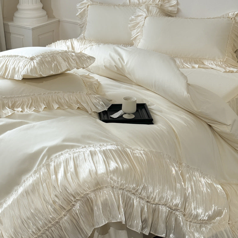 Ruffled Cotton Bedding Set – Ivory Cream, fabric and edge detail - Roomden
