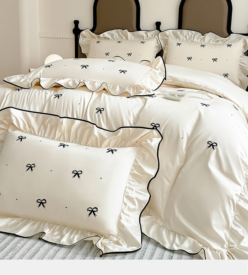 Bow embroidered ruffle cotton bedding set – Cream White, pillowcase and duvet display - Roomden