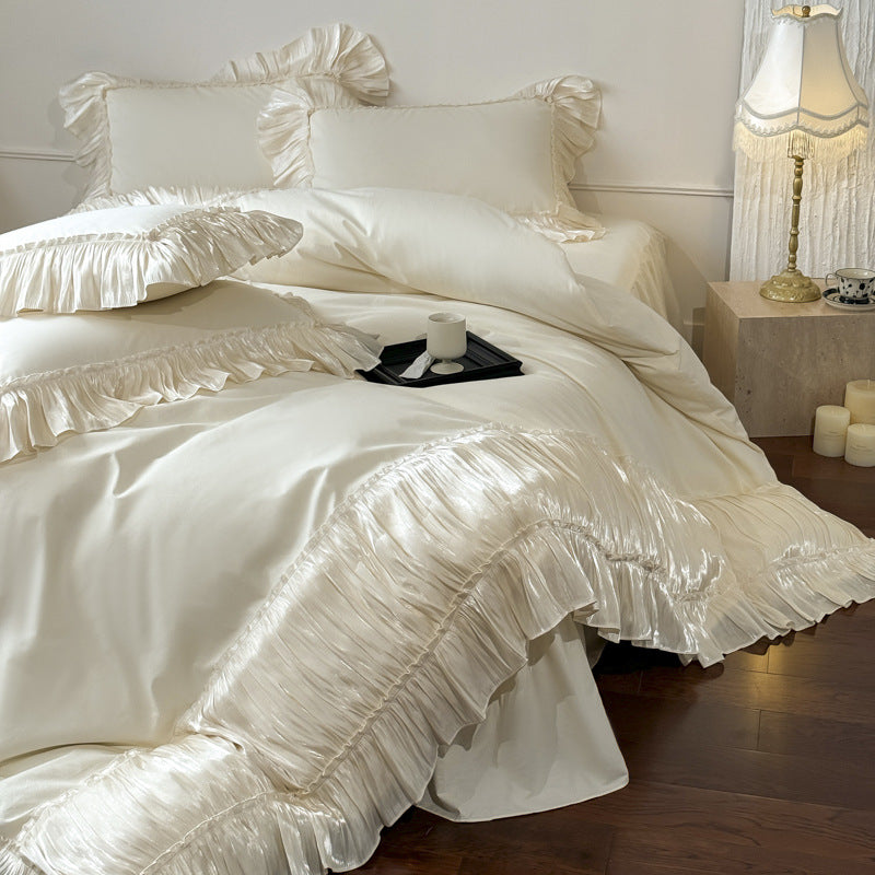 Ruffled Cotton Bedding Set – Ivory Cream, bed arrangement - Roomden