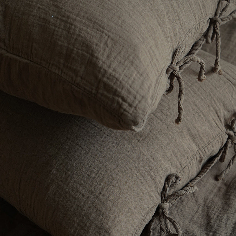 Tie-Detail Double Gauze Cotton Bedding Set – Chestnut Brown, fabric and edge detail - Roomden