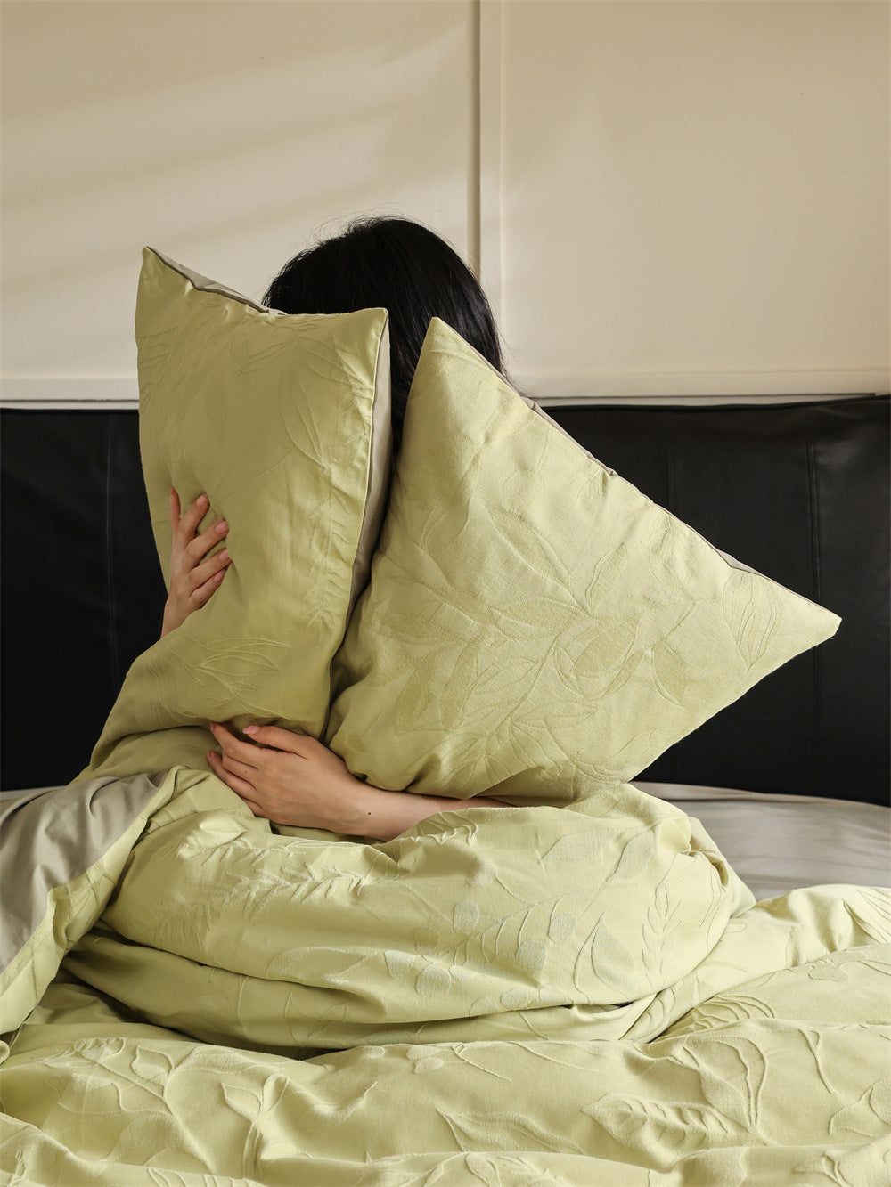 Brushed cotton jacquard bedding set – Pistachio Leaf, lifestyle view with the bedding - Roomden