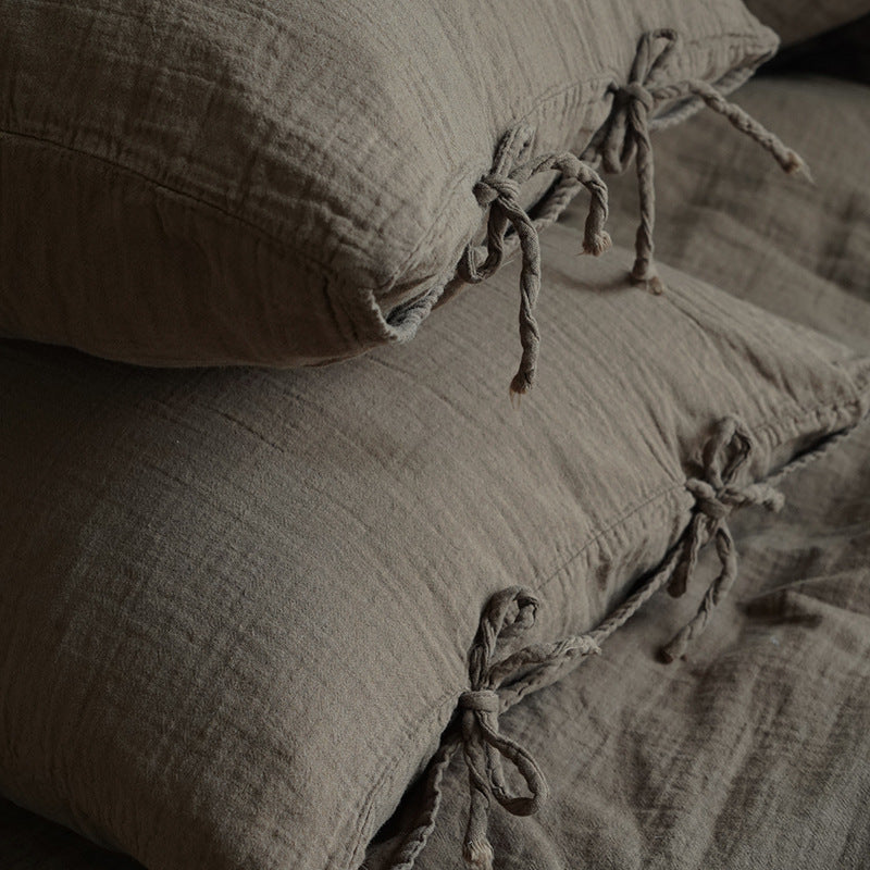 Tie-Detail Double Gauze Cotton Bedding Set – Chestnut Brown, fabric and edge detail - Roomden