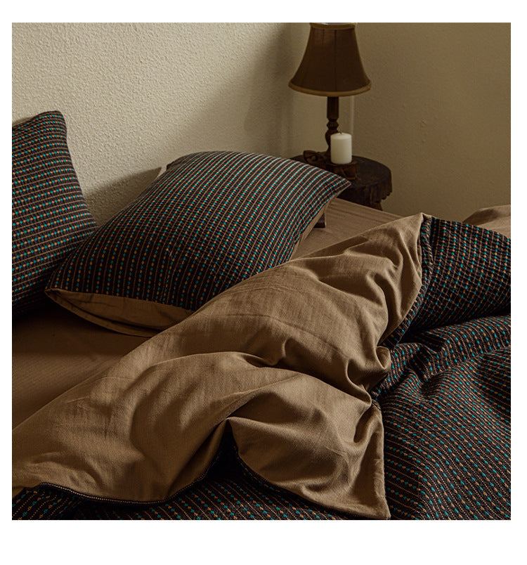 Amberlyn Walnut Micro Check cotton bedding set – closer view of the coordinated pillows and duvet - Roomden