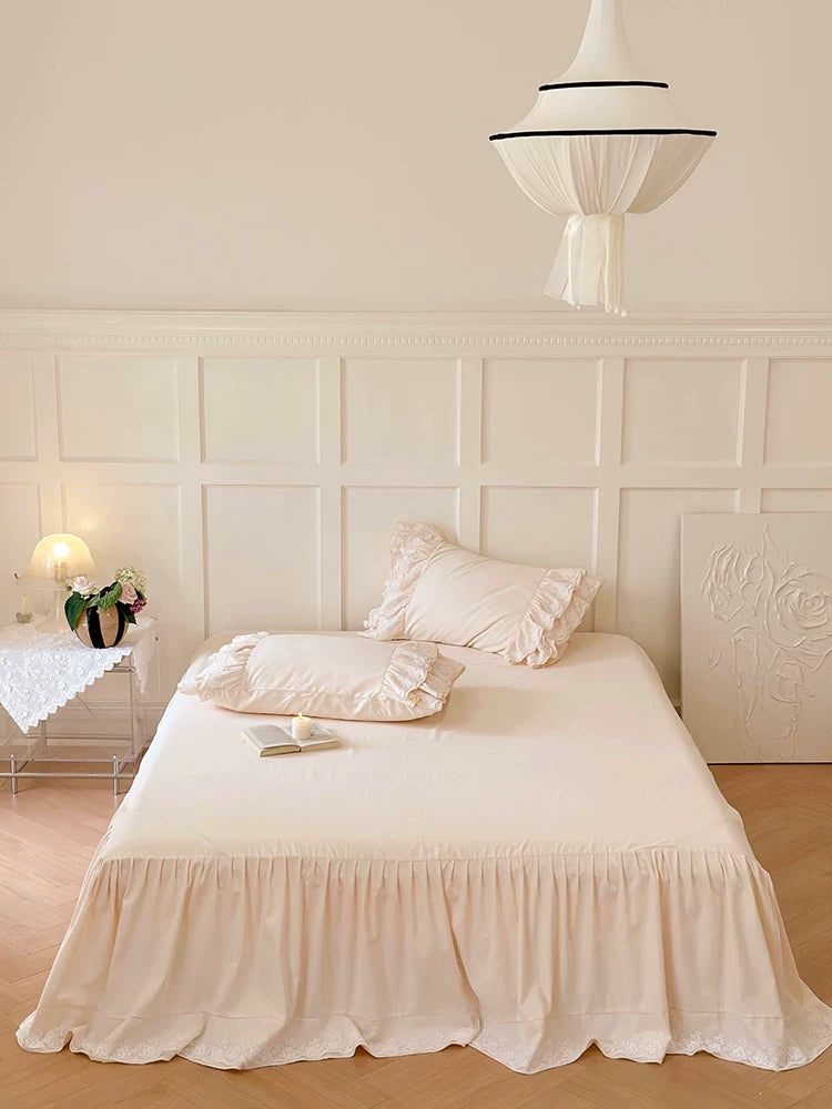 Ruffle cotton sateen bedding set – Vanilla Cream, gathered bed covering beneath the duvet - Roomden
