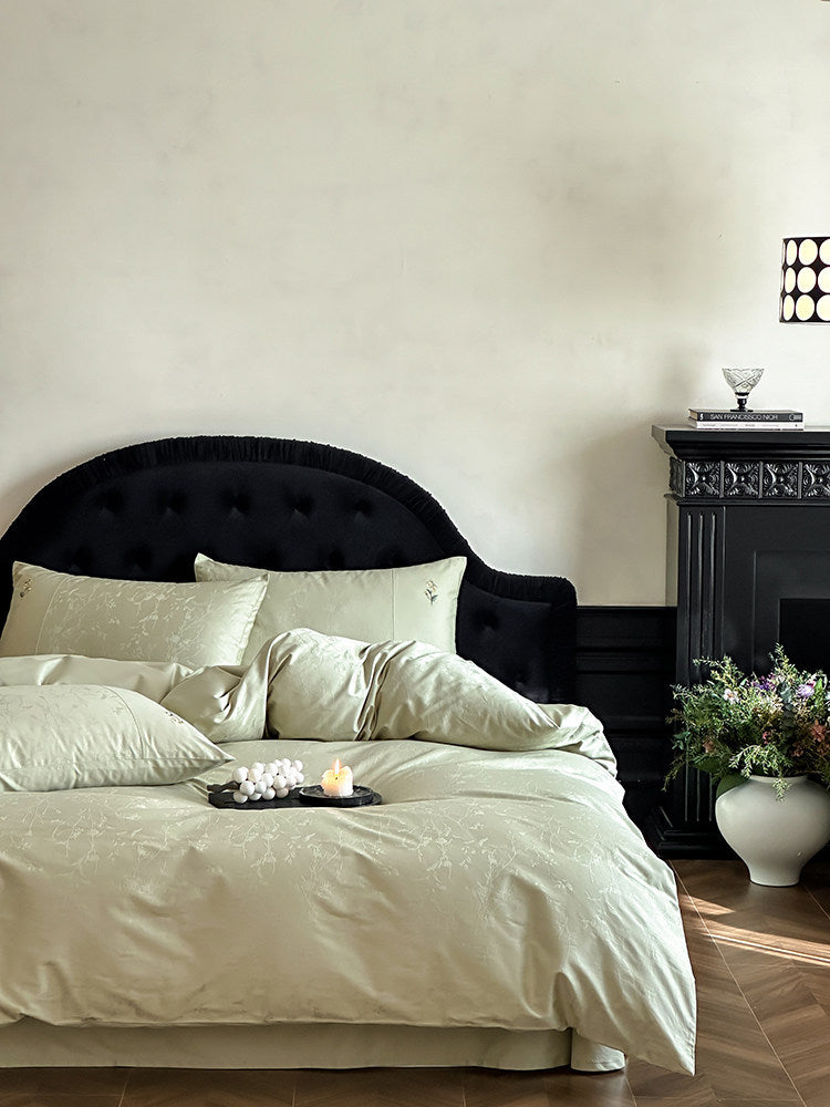 Floral Embroidered Jacquard Cotton Bedding Set, Bamboo Sage, bed arrangement - Roomden