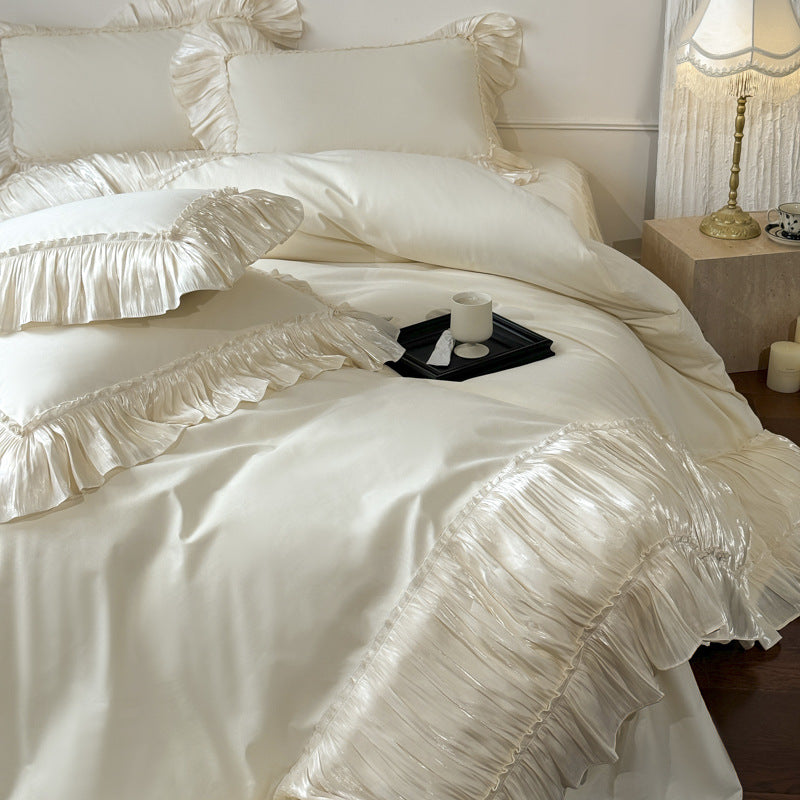 Ruffled Cotton Bedding Set – Ivory Cream, fabric and edge detail - Roomden