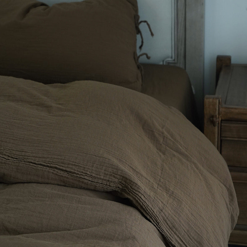 Tie-Detail Double Gauze Cotton Bedding Set – Chestnut Brown, fabric and edge detail - Roomden