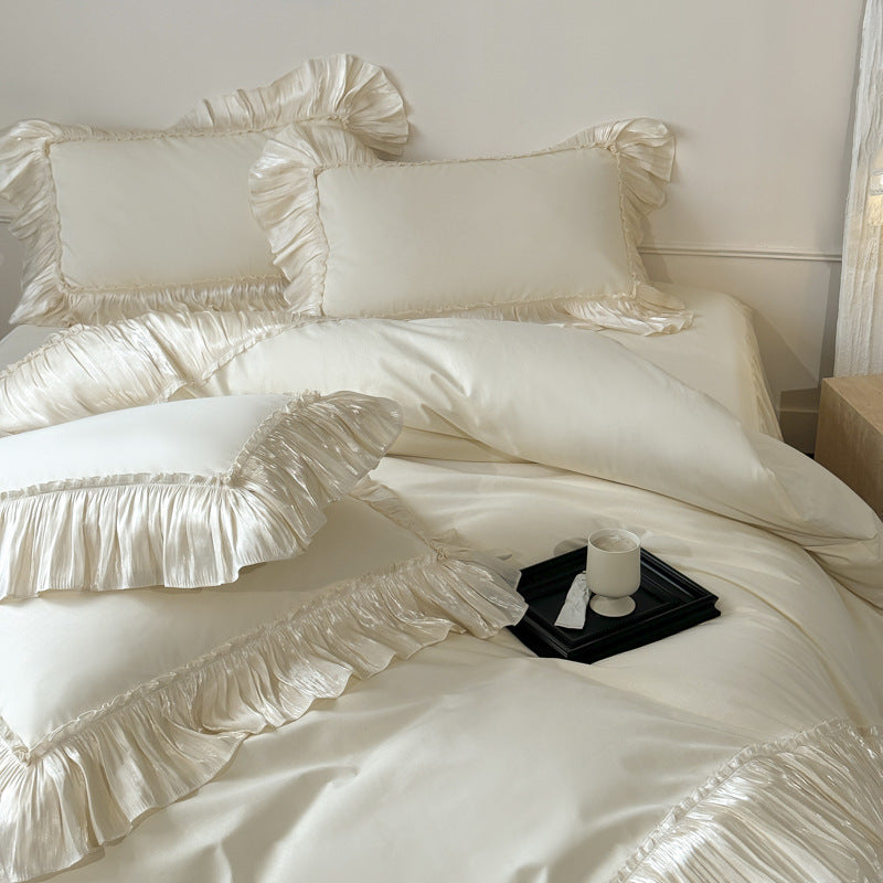 Ruffled Cotton Bedding Set – Ivory Cream, fabric and edge detail - Roomden
