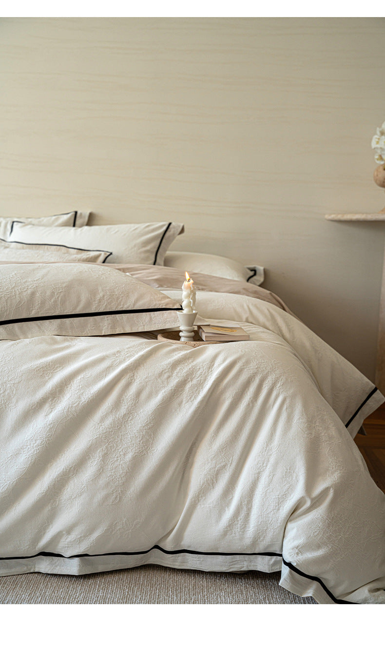 Contrast Border Cotton Jacquard Bedding Set, Ivory Sand, bedroom view 4 - Roomden
