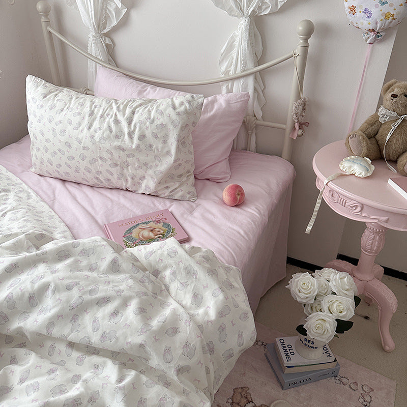 Ivory Cat and Bow Print Cotton Bedding Set – complete bed scene with coordinating pillow styling - Roomden