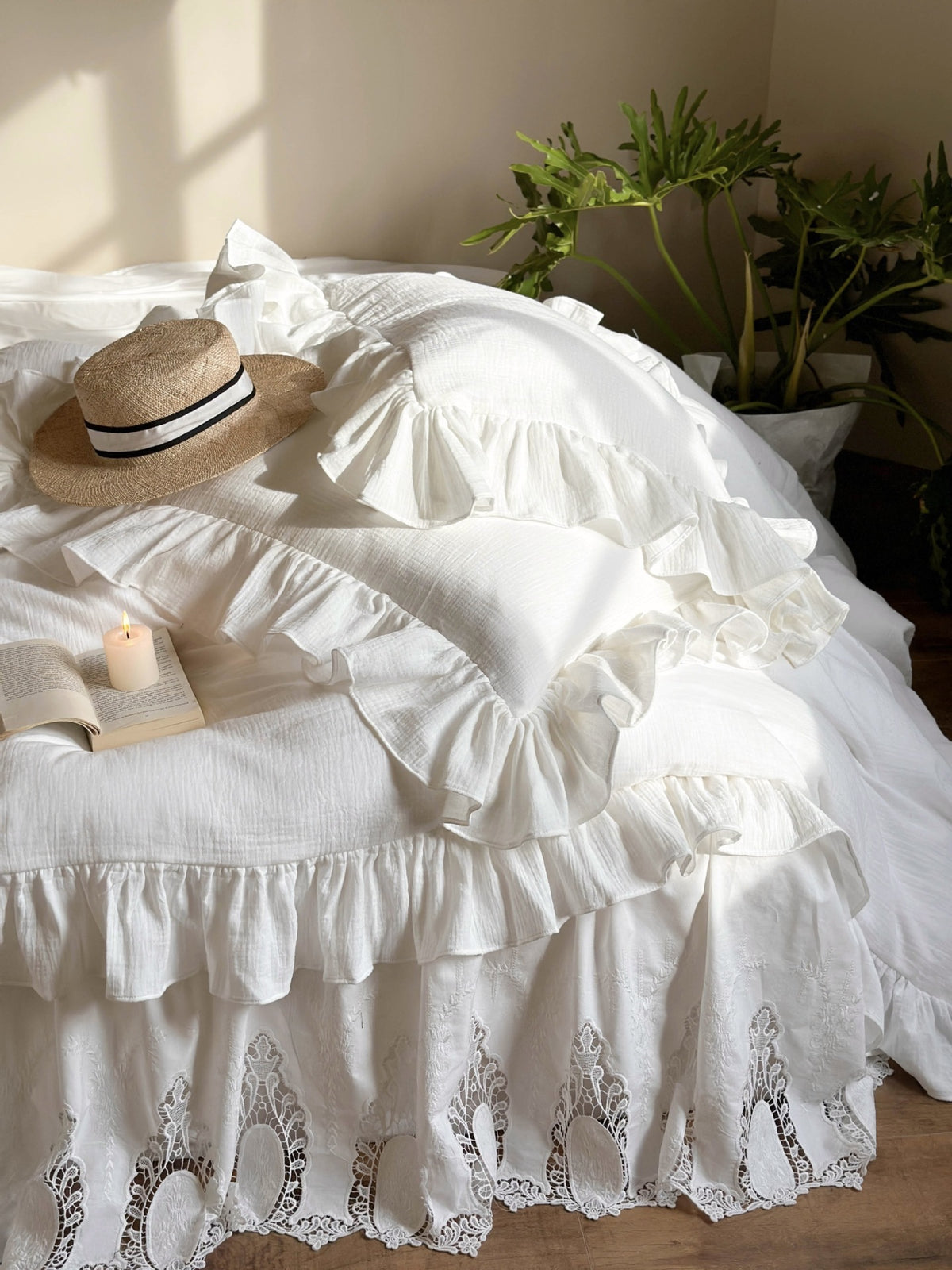 Ruffled Double Gauze Cotton Bedding Set – Scalloped Ivory, ivory duvet draped toward the foot of the bed - Roomden