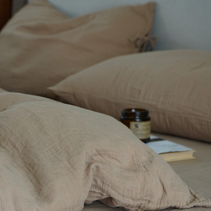 Tie-Detail Double Gauze Cotton Bedding Set – Beige Brown, fabric and edge detail - Roomden