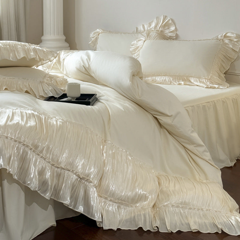 Ruffled Cotton Bedding Set – Ivory Cream, bed arrangement - Roomden