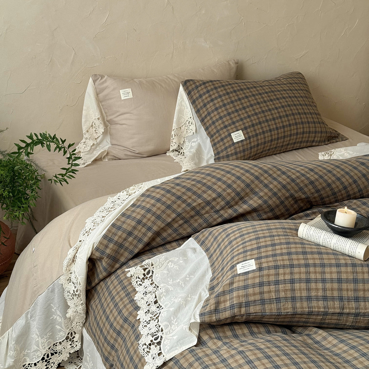 Brackenwood Checked Cotton Bedding Set – sage check bedding with a wide white lace border and matching pillows - Roomden