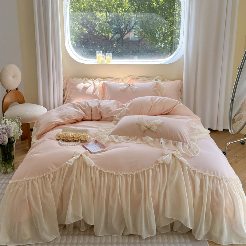 Pure Cotton Ribbon Bow Lace Ruffle Bedding Set - Pink