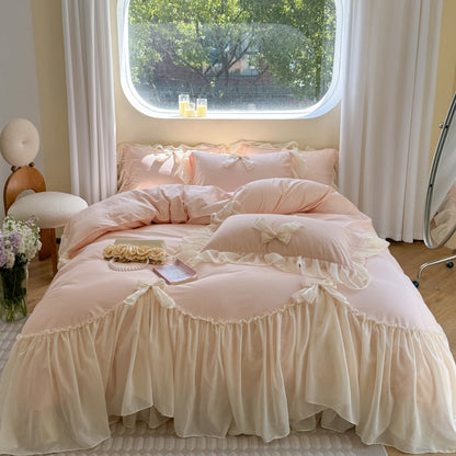Pure Cotton Ribbon Bow Lace Ruffle Bedding Set - Pink