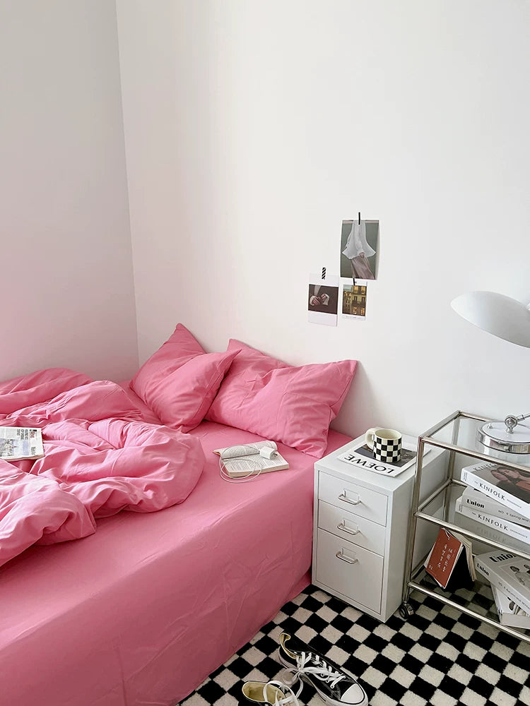 Washed Cotton Color-Block Bedding Set - Raspberry Pink
