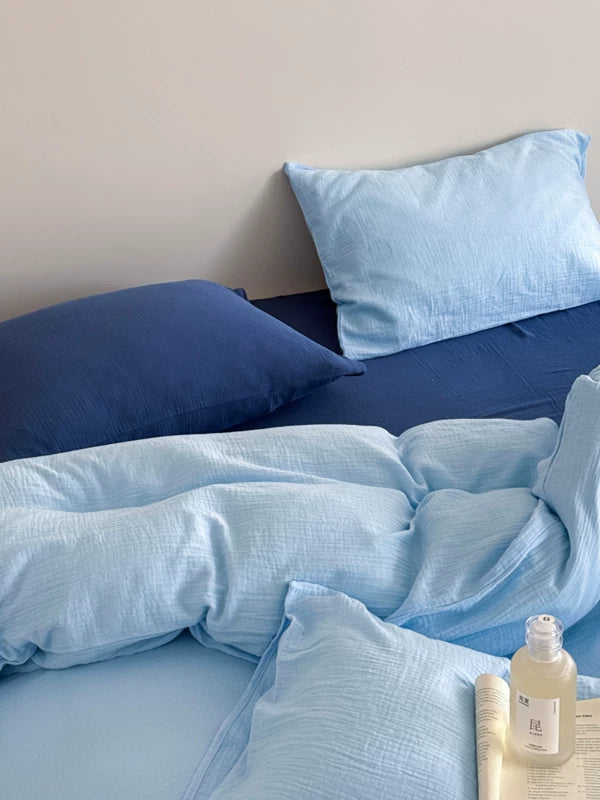 Double Gauze Cotton Bedding Set - Blue + Dark Blue