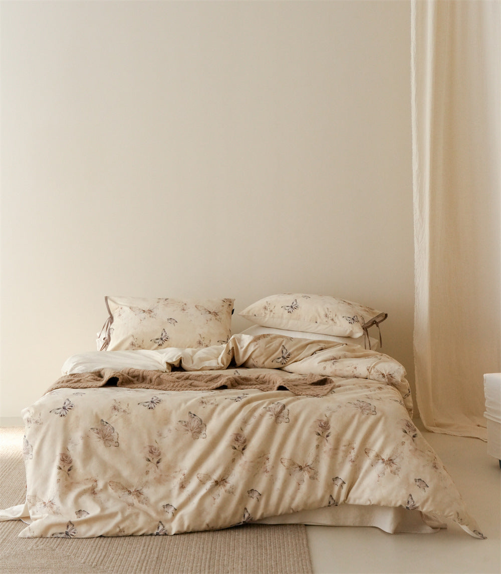 Stillgarden Drifting Butterfly Cotton Linen Bedding Set – Full bed view with drifting butterflies and pale flowers - Roomden