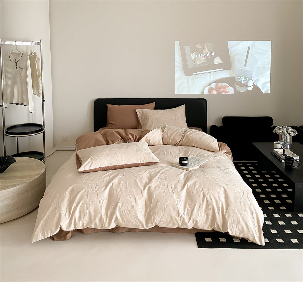 Brushed cotton jacquard bedding set – Champagne Orchid, alternate view of the duvet and pillows - Roomden