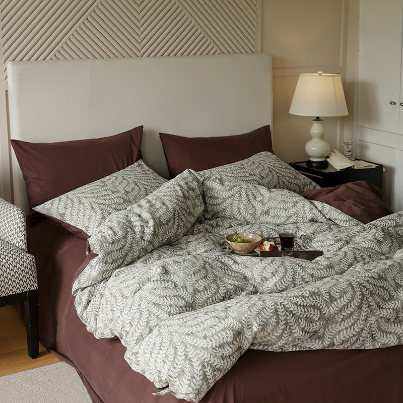 Botanical Jacquard Brushed Cotton Bedding Set – Brown, bed arrangement - Roomden