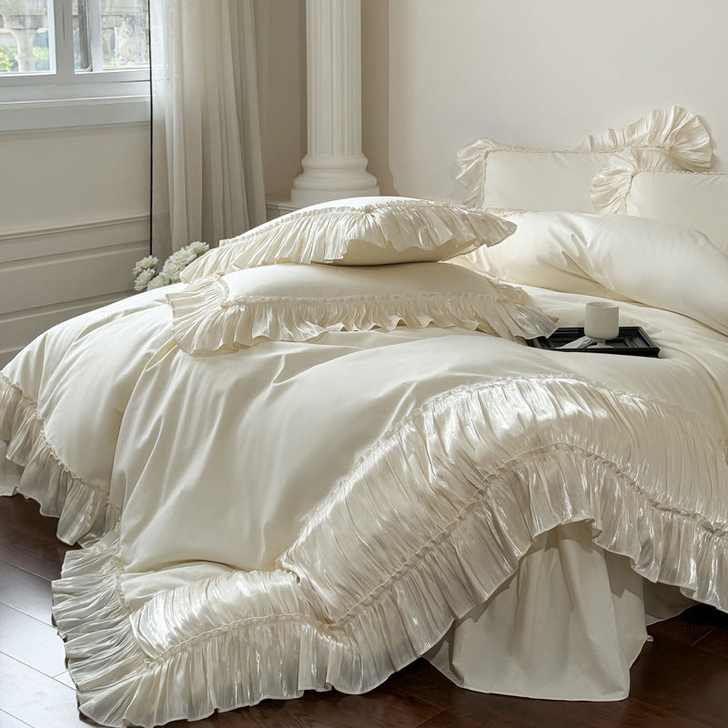 Ruffled Cotton Bedding Set – Ivory Cream, bed arrangement - Roomden