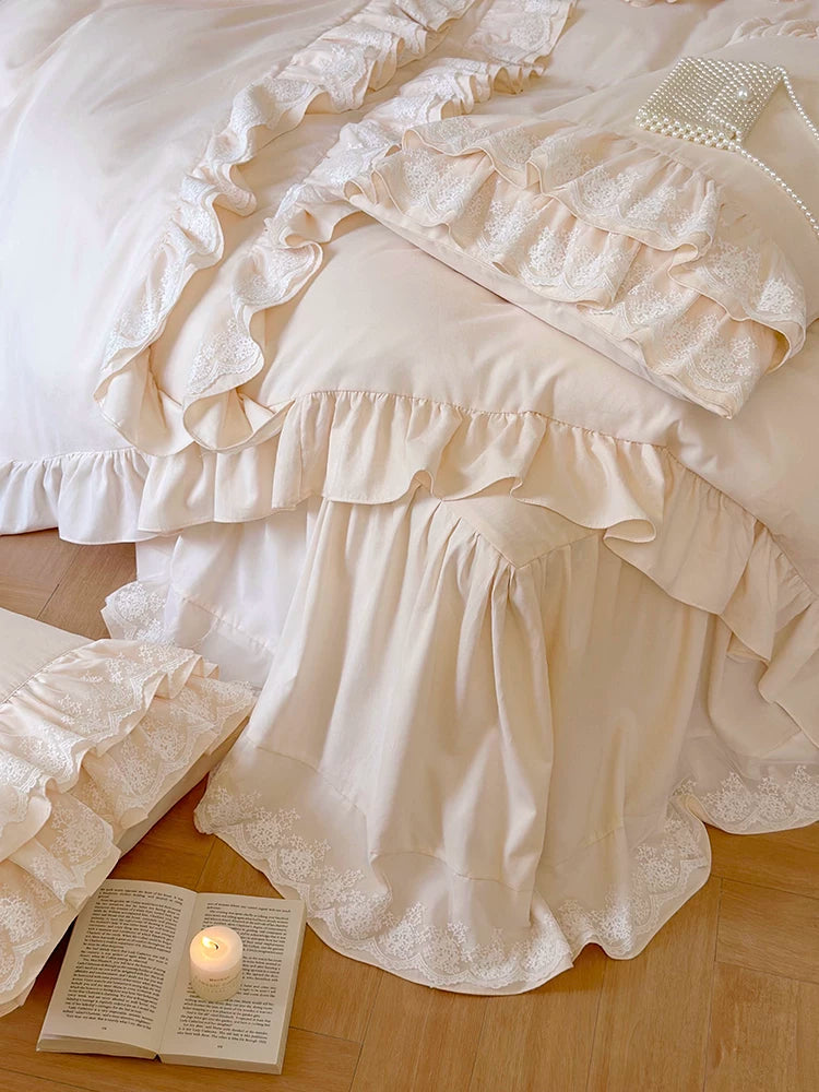 Ruffle cotton sateen bedding set – Vanilla Cream, window side bedding view - Roomden