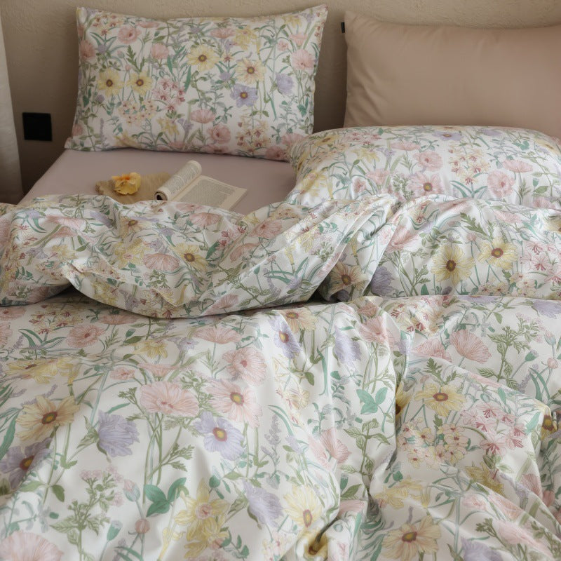 Ivory Pastel Wildflower Cotton Bedding Set with coordinating pillow styling - Roomden