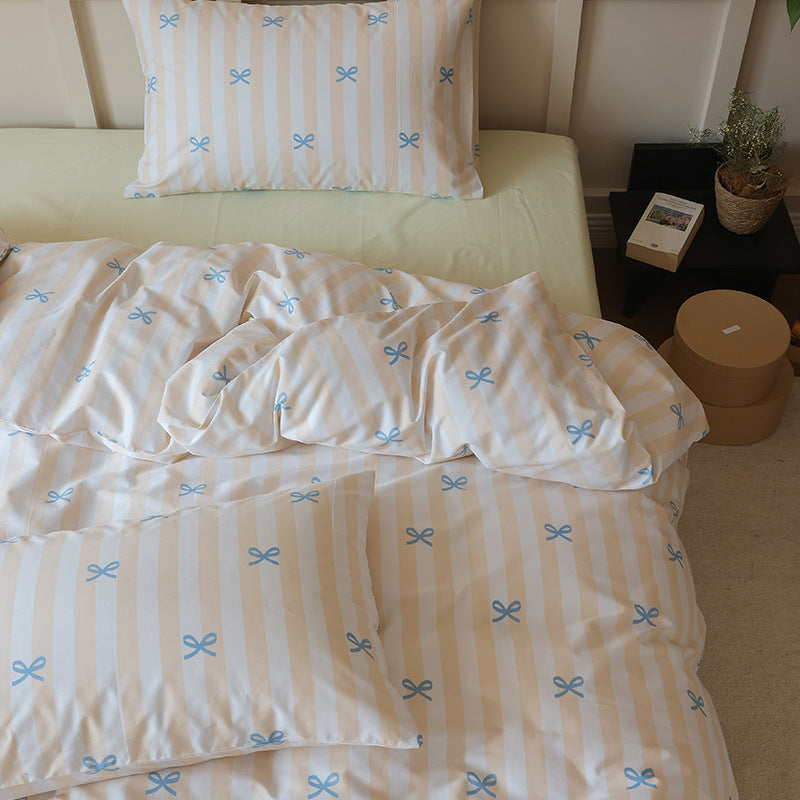 Cream Blue Bow Stripe Cotton Bedding Set with coordinating pillow styling - Roomden