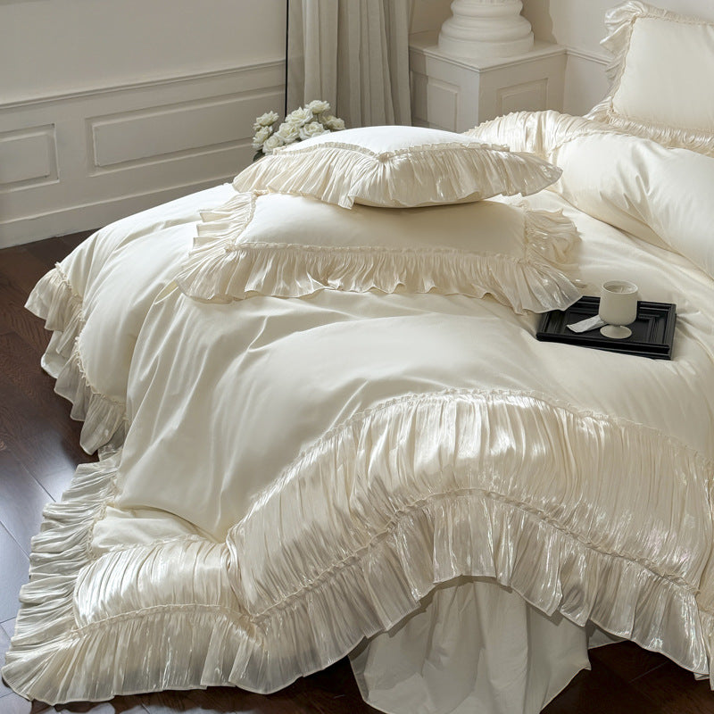 Ruffled Cotton Bedding Set – Ivory Cream, bed arrangement - Roomden