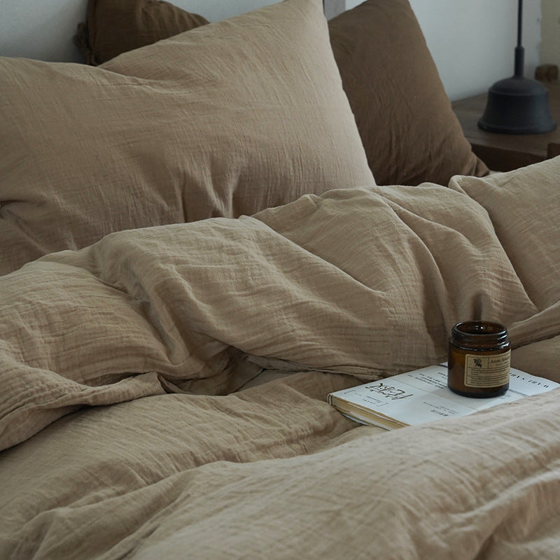 Tie-Detail Double Gauze Cotton Bedding Set – Beige Brown, bed arrangement - Roomden