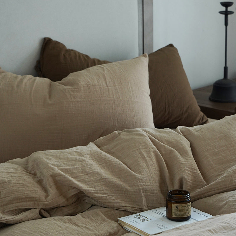 Tie-Detail Double Gauze Cotton Bedding Set – Beige Brown, bed arrangement - Roomden