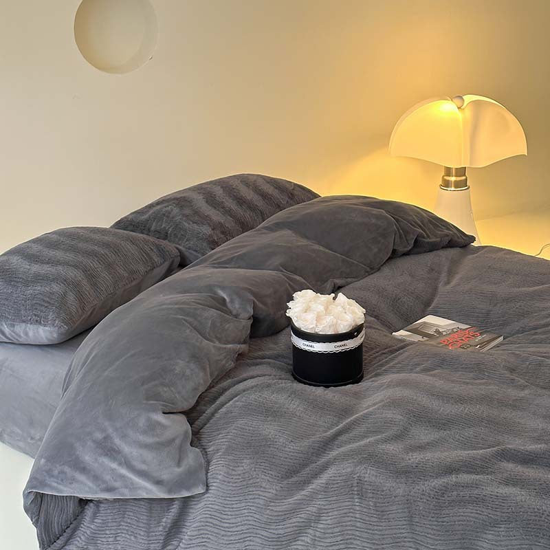Wave textured plush bedding – charcoal grey angled duvet view with a folded reverse - Roomden