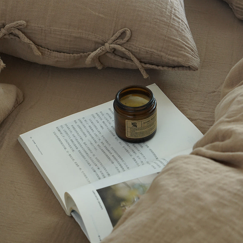 Tie-Detail Double Gauze Cotton Bedding Set – Beige Brown, fabric and edge detail - Roomden