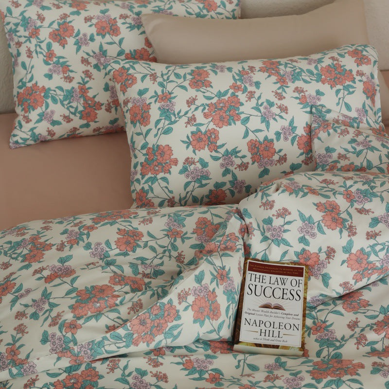 Ivory Coral Teal Floral Cotton Bedding Set with coordinating pillow styling - Roomden