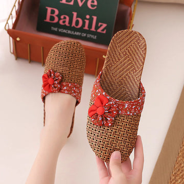Woven Floral Natural Rattan House Slippers