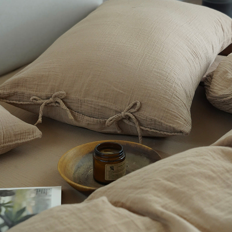 Tie-Detail Double Gauze Cotton Bedding Set – Beige Brown, fabric and edge detail - Roomden