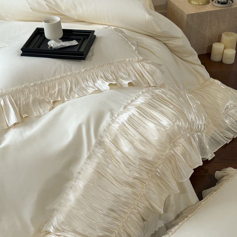 Ruffled Cotton Bedding Set – Ivory Cream, fabric and edge detail - Roomden