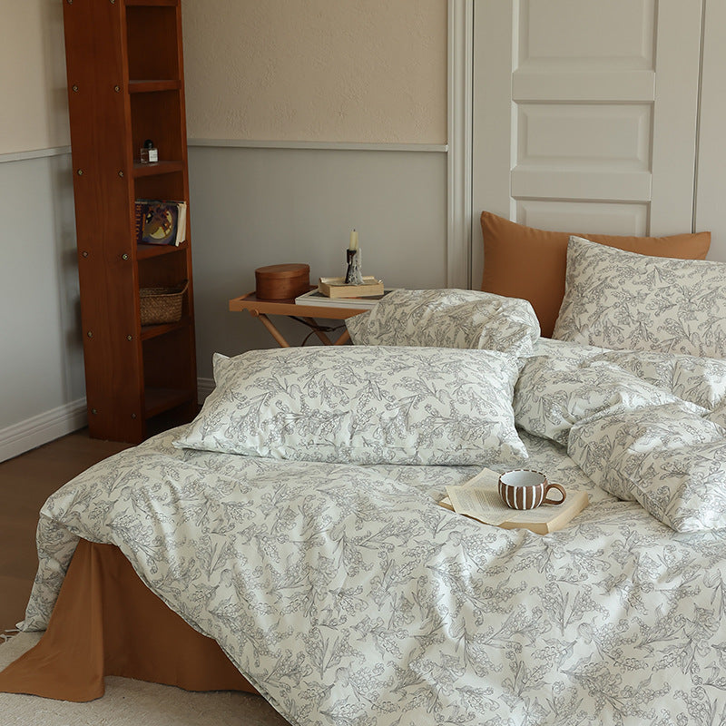 Ivory Gray Floral Sketch Cotton Bedding Set with coordinating pillow styling - Roomden