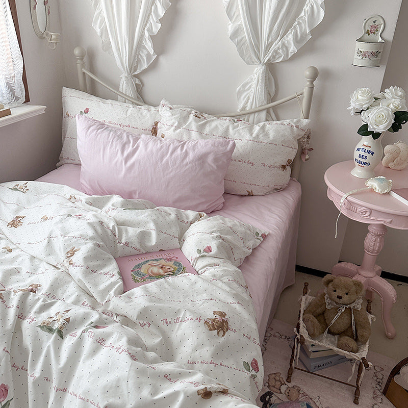 Ivory Teddy Bear and Script Cotton Bedding Set – complete bed scene with coordinating pillow styling - Roomden