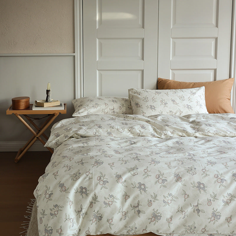 Ivory Fruit Sketch Cotton Bedding Set with coordinating pillow styling - Roomden