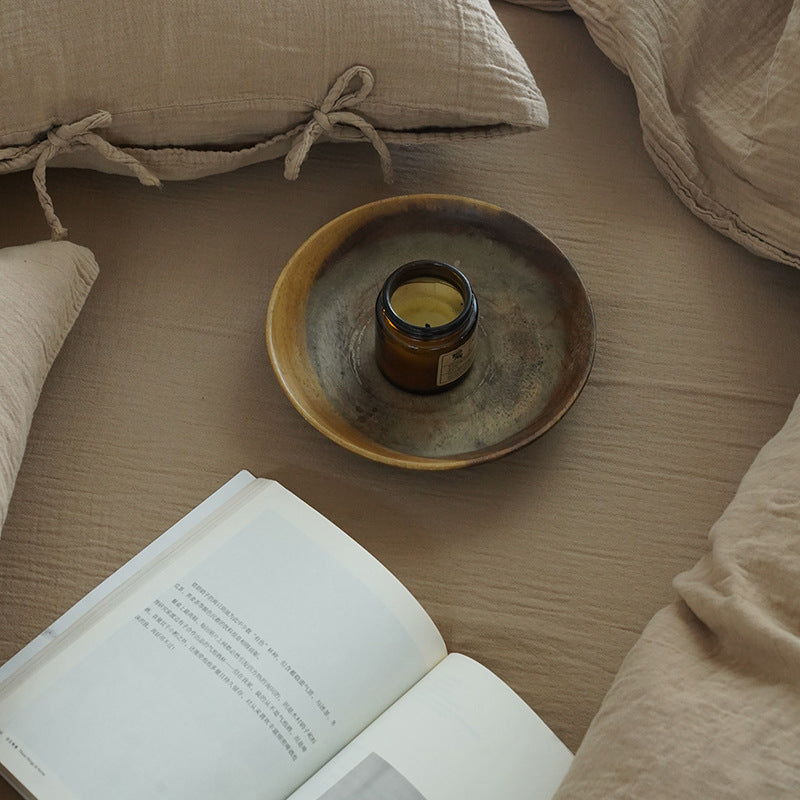 Tie-Detail Double Gauze Cotton Bedding Set – Beige Brown, fabric and edge detail - Roomden
