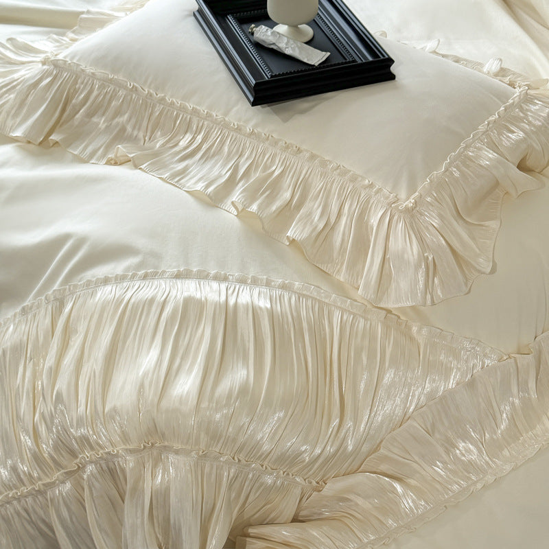 Ruffled Cotton Bedding Set – Ivory Cream, fabric and edge detail - Roomden