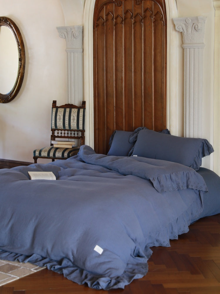 Soft Ruffle Cotton Double Gauze Bedding Set – full view of dusty blue bedding with ruffled trim - Roomden