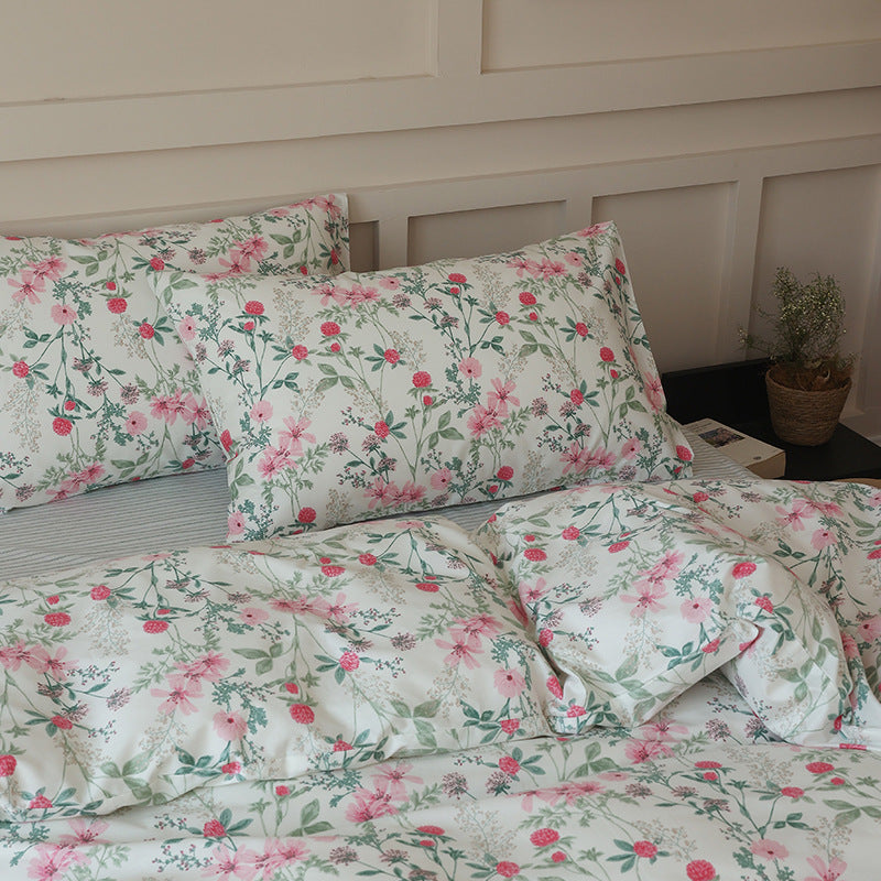 Ivory pink meadow cotton bedding with matching floral pillowcases - Roomden