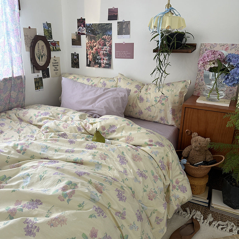 Butter Yellow Pastel Floral Cotton Bedding Set – complete bed scene with coordinating pillow styling - Roomden