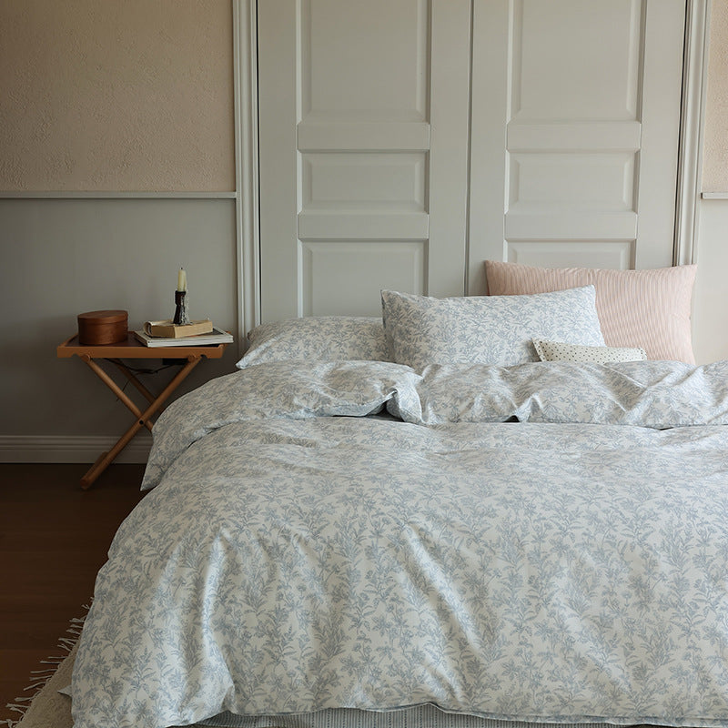 Ivory Pale Blue Foliage Cotton Bedding Set with coordinating pillow styling - Roomden
